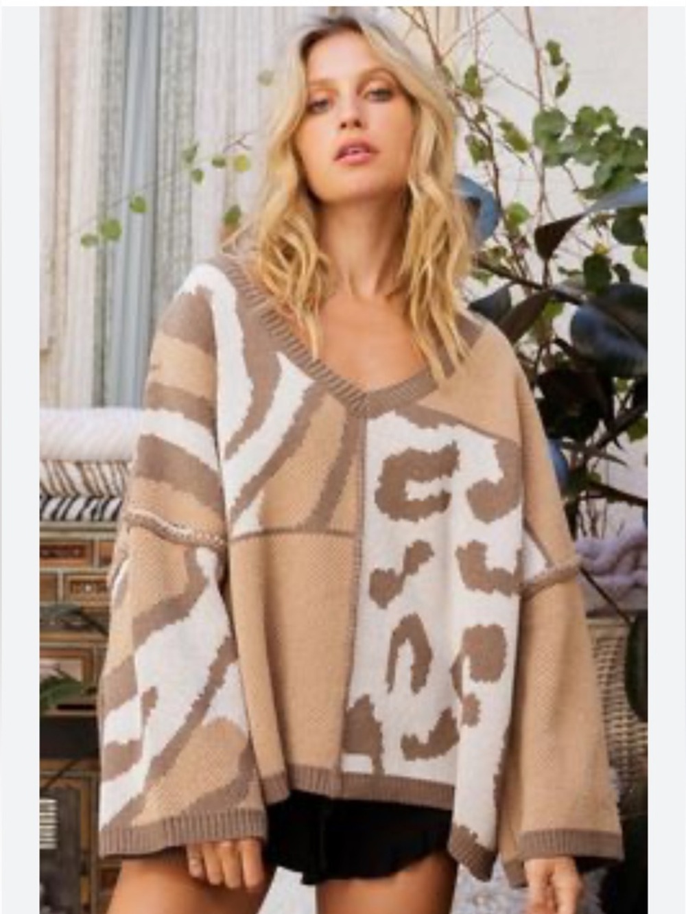 POL M Sunrise morning mix boxy oversized neutral animal Print V neck sweater